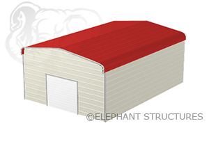 METAL GARAGE 18X26X8 Metal garage building 18' wide by 26' long by 8' high with red metal roof and tan walls.