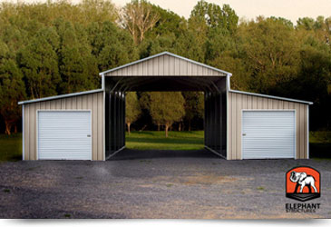 Ridgeline style barn with enclosed lean-to's and roll up garage doors.